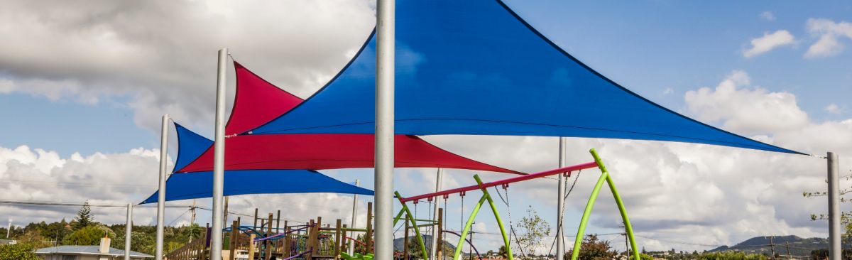 Blue and Red Fabric Shade Sails